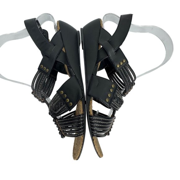 VTG Steven Steve Madden Black Faux Leather Strappy Wedge Sandal Braid Detail Sz8 - Picture 7 of 10